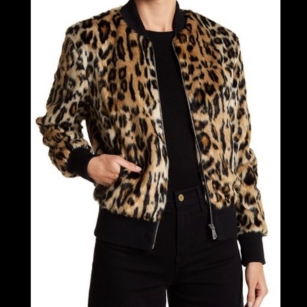 Faux fur leopard print bomber